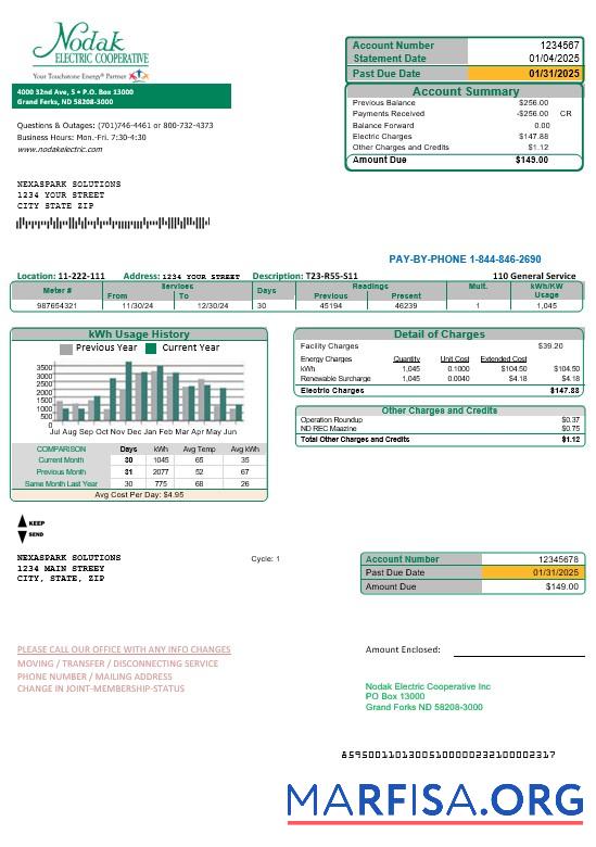 Blank USA North Dakota Nodak Electric Cooperative business utility bill template in Word and PDF formats